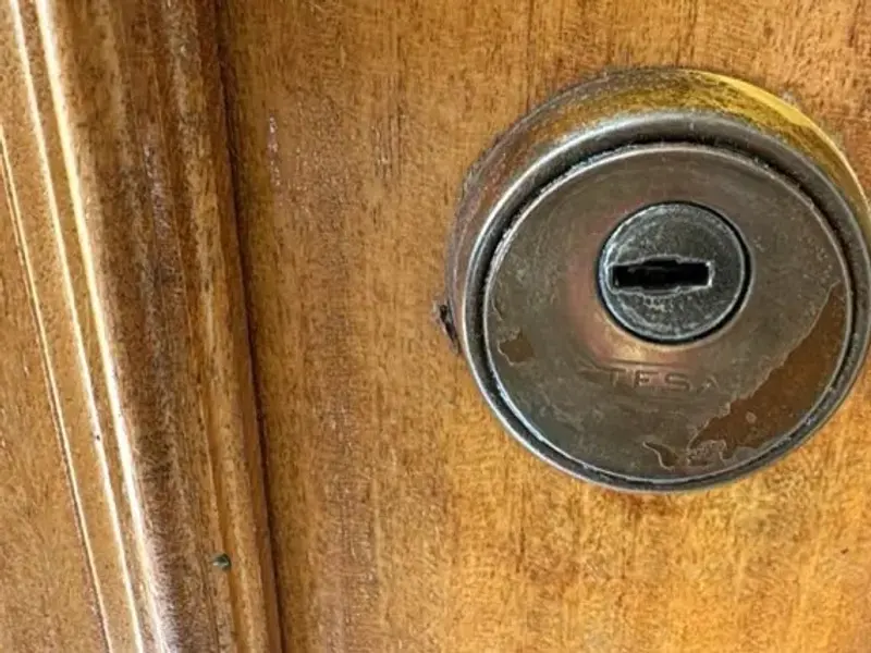 Escudo protector de bombín en una puerta de madera