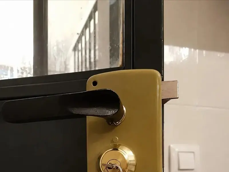 Cerradura de sobreponer en una puerta metálica con cristal